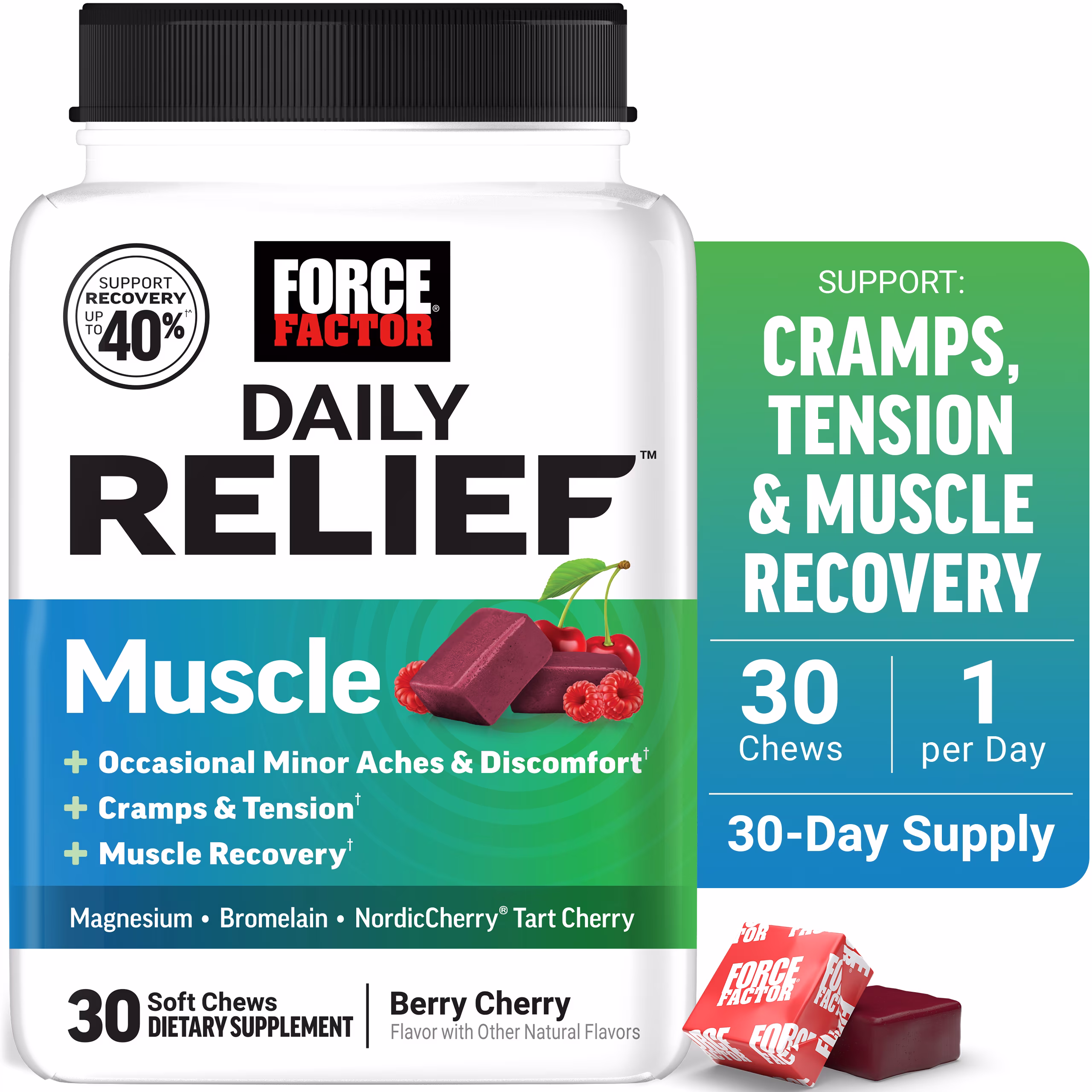 Force Factor Daily Relief Muscle Support, Magnesium Glycinate, Tart Cherry & Bromelain for Muscle Relaxation & Recovery, Berry Cherry, 30 Soft Chews