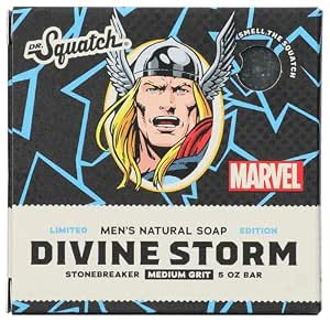 Dr. Squatch All Natural Divine Storm Limted Edition Men's Bar Soap with Medium Grit Marvel Thor Stonebreaker Made From Natural Oils, Black