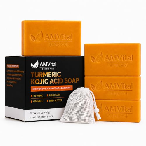 AMVital Turmeric Kojic Acid Soap Bars for Face & Body, 4-Pack | Face and body cleansing bars • Daily skincare step • Fresh clean feel